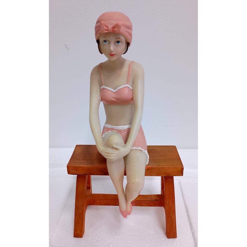 Vintage Bathing Beauty Figurine Girl in Pink Bikini Art Deco Style Beach Coastal